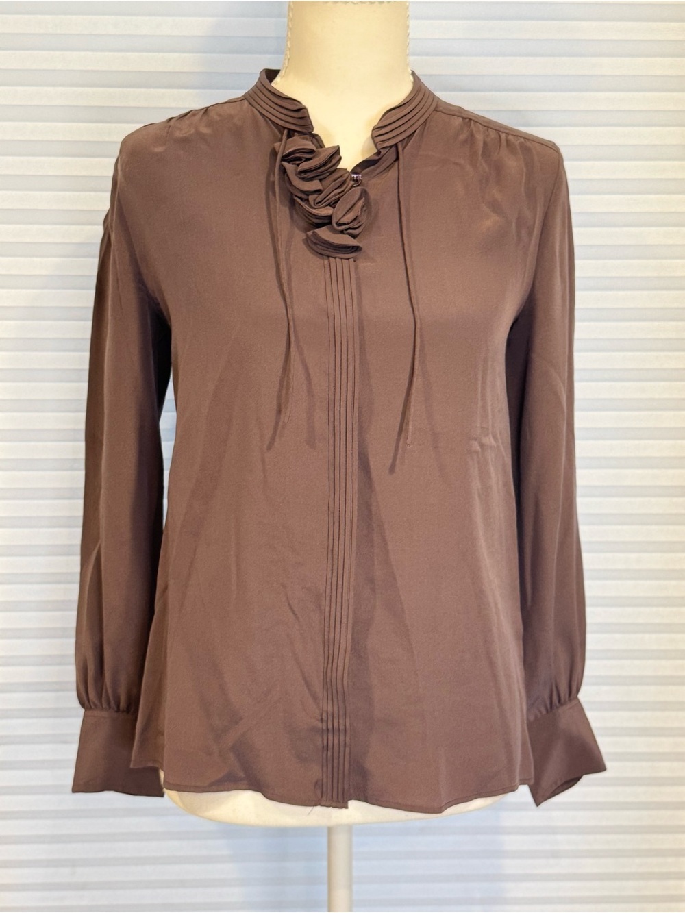 J. Crew 100% Silk Brown Ruffle Tie-Neck Blouse CB1034